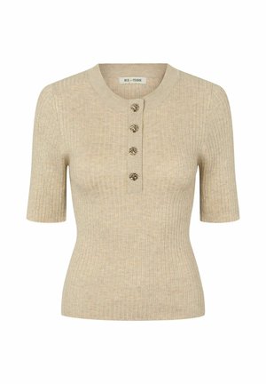 Béžový rebrovaný pletený top s krátkym rukávom, okrúhlym výstrihom a štyrmi dekoratívnymi kovovými gombíkmi uprostred vpredu.