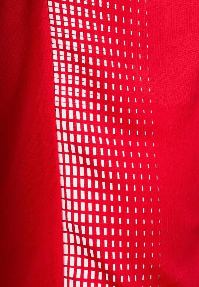 Tela roja con un patrón de cuadrícula que presenta cuadrados que van de un tamaño grande a uno pequeño, creando un efecto similar a un degradado.