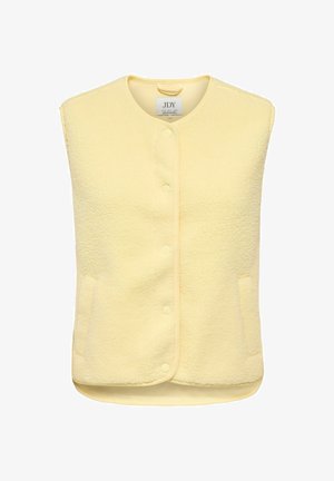 Żółta kamizelka z polaru z okrągłym dekoltem, zapięciem na guziki i dwoma przednimi kieszeniami. Materiał jest miękki, a design bez rękawów.