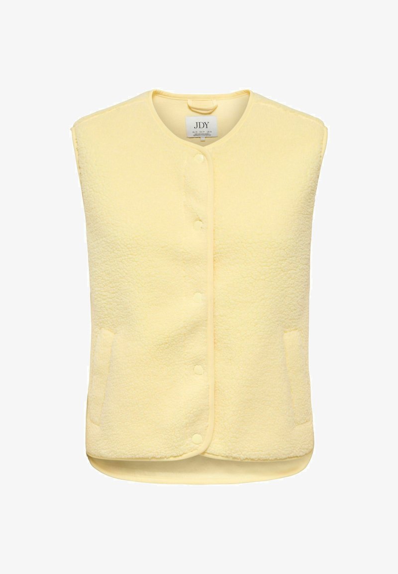 Rumena flis brezrokavnik z okroglim izrezom, zapiranjem na gumbe in dvema žepoma spredaj. Tekstura je mehka, kroj pa brezrokaven.