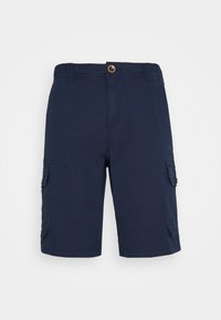 Pantaloni cargo blu navy realizzati in tessuto leggero, dotati di chiusura a bottone, tasche laterali e un design a gamba dritta.