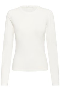 Langermet hvit tettsittende topp laget av myk bomull, med rund hals og en jevn tekstur uten mønstre eller pynt.