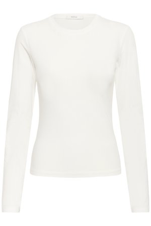 Bílé přiléhavé tričko s dlouhým rukávem z měkké bavlny, s kulatým výstřihem a hladkou texturou bez vzorů či ozdob.