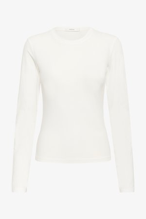 Long-sleeve white fitted top made of soft cotton, featuring a round neckline and a smooth texture without patterns or embellishments.
