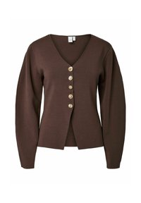 Brązowy sweter dzianinowy z dekoltem w kształcie litery V i pięcioma dekoracyjnymi guzikami, z długimi rękawami i rozcięciem z przodu dla luźnego fasonu.
