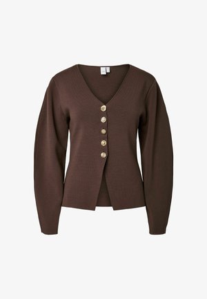 Hnědý pletený cardigan s výstřihem do V a pěti dekoračními knoflíky, s dlouhými rukávy a předním rozparkem pro uvolněný střih.
