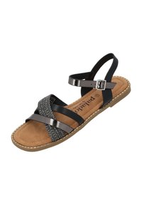 Schwarze Sandalen mit einer Kombination aus glänzenden und strukturierten Riemen sowie einem Schnallenverschluss. Weiche, hellbraune Innensohle mit Ziernähten und einer flexiblen Sohle.