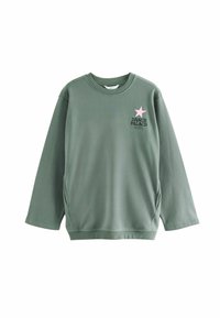 Sudadera verde de algodón con mangas largas, cuello redondo, bolsillos laterales, con un estampado gráfico de una estrella rosa y "DANCE PALACE".