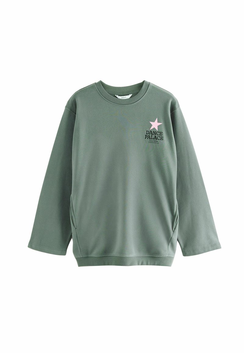 Sudadera verde de algodón con mangas largas, cuello redondo, bolsillos laterales, con un estampado gráfico de una estrella rosa y "DANCE PALACE".