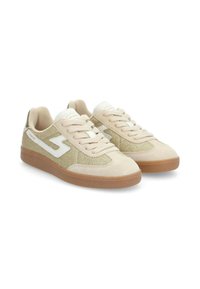 Beige sneakers with a textured gold accent, white logo, laces, and a gum rubber sole. Features a smooth suede and glittery material.