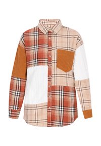 Knapp-up skjorta med ett rutigt mönster i nyanser av orange, gräddfärgad och brun, med en texturerad vit lapp och en kordflortö pocket.