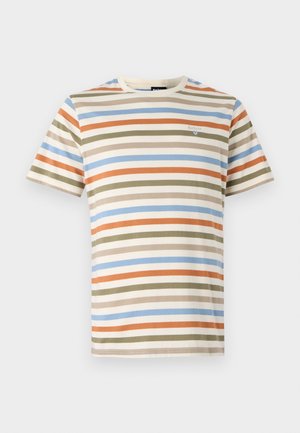 Tricou cu dungi în crem, cu dungi orizontale de verde măslin, rugină și albastru. Are un guler de tip crew neck și este realizat din material ușor din bumbac.