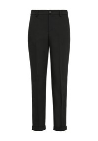 Zwarte broek van geweven stof, met een rechte pasvorm, enkele knoopsluiting en opgerolde manchetten. Minimalistisch ontwerp, zonder patronen.