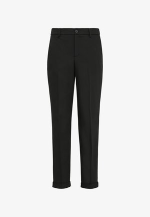 Czarne spodnie z tkaniny w tkanym wzorze, o prostym kroju nogawki, z pojedynczym zapięciem na guzik i podwiniętymi mankietami. Minimalistyczny design, bez wzorów.