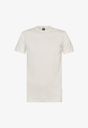 Camiseta de cuello redondo de manga corta en algodón color blanco roto. Presenta una textura suave, un ajuste estándar y un diseño minimalista sin estampados.