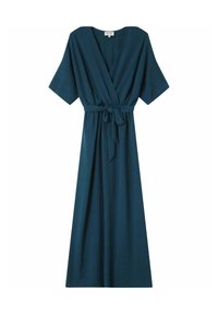 Teal wikkleed met korte brede mouwen, een ceintuur in de taille en een vloeiende A-lijn silhouet, gemaakt van zachte stof met een gladde textuur.