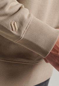 Tessuto di felpa beige con polsini a costine. Dettaglio distintivo: logo ricamato sulla manica. Texture liscia, design casual, silhouette aderente.