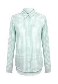 Chemise à carreaux vert clair et blanche en coton, avec un col, fermeture à boutons et ourlet arrondi.