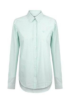 Chemise à carreaux vert clair et blanche en coton, avec un col, fermeture à boutons et ourlet arrondi.