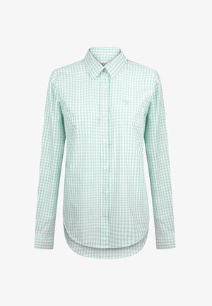 Lysegrøn og hvid ternet skjorte lavet af bomuld, med krave, knaplukning foran og buet kant.