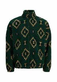 Fleece-Jacke in Dunkelgrün mit einem ganzflächigen tanfarbenen geometrischen Muster. Sie verfügt über einen hohen Kragen und einen durchgehenden Reißverschluss. Weicher Stoff.