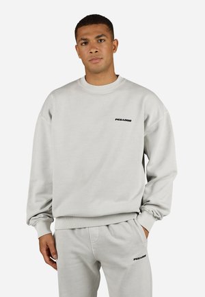Light grey sweatshirt made of cotton-blend fabric. Features a crew neck, ribbed cuffs, and a small black logo on the chest.