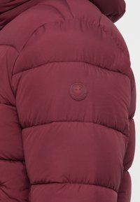 Giacca a vento bordeaux con sezioni trapuntate e un patch logo rotondo in rilievo sul braccio superiore. Materiale con finitura liscia e opaca.