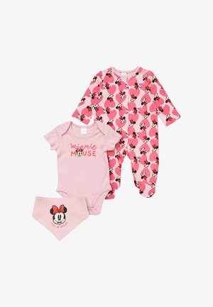 Rosa bebiskläder med Minnie Mouse-mönster: sparkdräkt med långa ärmar och fötter, bodysuit med korta ärmar och triangulär haklapp med texten "Full of Smiles".