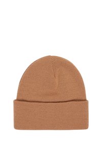 Berretto lavorato a maglia marrone con risvolto, caratterizzato da una texture liscia e una parte superiore arrotondata. Realizzato in un tessuto di peso medio.