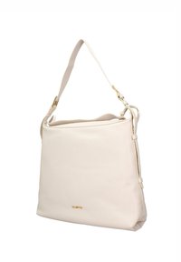 Borsa a mano in pelle beige con finitura testurizzata, tracolla singola regolabile e dettagli in ottone dorato. Forma rettangolare elegante con chiusura superiore.