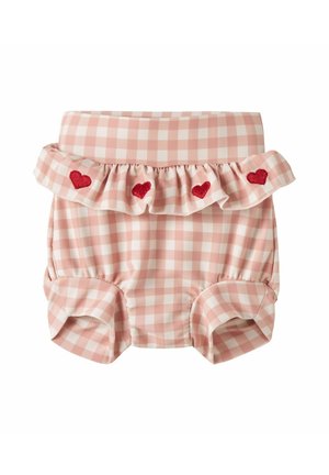 Rosa-weiß karierten Babyshorts mit gerafftem Bund, verziert mit vier kleinen roten Stickherzen.