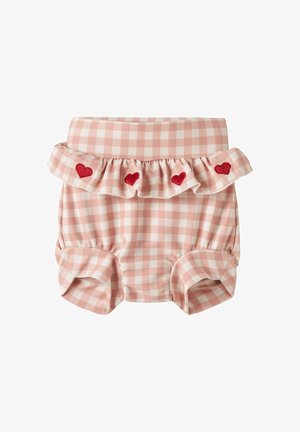 Rosa-weiß karierten Babyshorts mit gerafftem Bund, verziert mit vier kleinen roten Stickherzen.