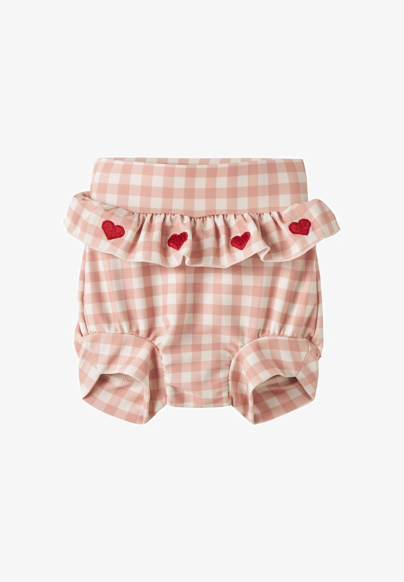 Rosa og hvite gingham-babyshorts med volangkant på livvidden, dekorert med fire små røde broderte hjerter.