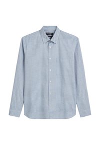 Light blue checkered long-sleeve shirt with button-down collar, front pocket, and white buttons. Made from a lightweight cotton material.