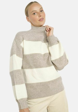 Light beige and cream striped sweater with a high neck, ribbed cuffs and hem, made of soft material, featuring a relaxed fit.