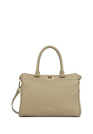 Beige leather handbag with dual handles, gold-tone clasp, and detachable strap, branded "Lancaster Paris" on front center.