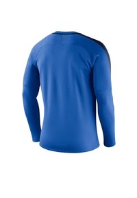 Blå långärmad sporttröja med rund halsringning, med svarta detaljer på axlarna och mjukt, lätt material.