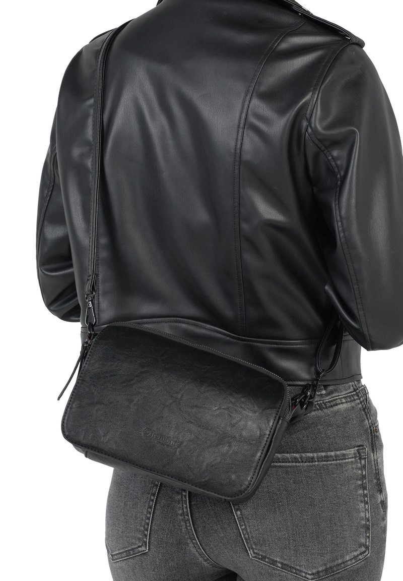 Sac à bandoulière synthétique noir avec une surface texturée, fermeture à glissière et sangle réglable, porté sur une veste en cuir noir.
