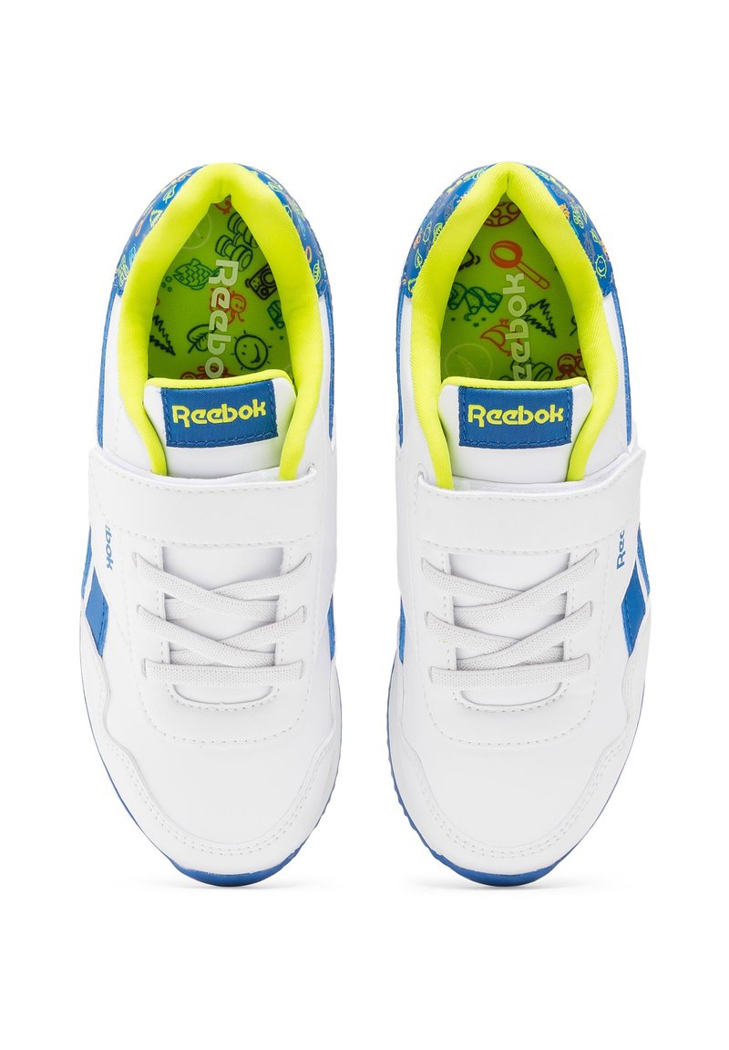Baskets blanches avec des accents bleus, col rembourré et fermeture Velcro. Doublure intérieure vert fluo avec des motifs ludiques et le logo Reebok.