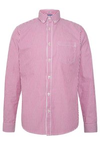Chemise boutonnée à manches longues, rayures verticales roses et blanches, col et une poche sur le côté gauche de la poitrine. Fabriquée en tissu de coton tissé.