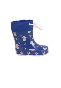 Botte de pluie en caoutchouc avec une base bleu marine, ornée d'éléphants gris et de papillons roses. Comprend un cordon de serrage rose en haut et une semelle texturée.