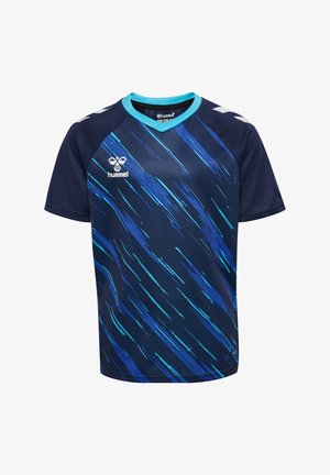 Marineblaues Sporttrikot mit hellblauen Akzenten, mit einem strukturierten Design aus diagonalen Streifen. Kurzärmlig und mit rundem Ausschnitt.
