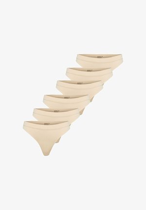 Six beige ribbed high-cut women's underwear arranged diagonally on a white background.