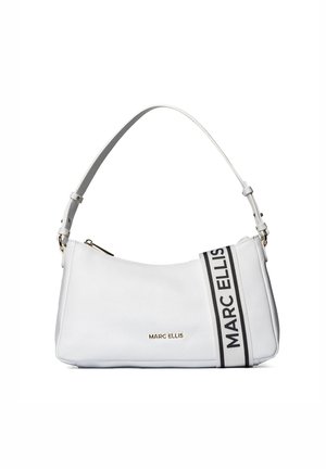 White leather handbag with adjustable shoulder strap and black-and-white MARC ELLIS logo ribbon detail on the side.