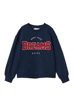 Granatowa bluza z okrągłym dekoltem z czerwonym i białym napisem "Keep Your Dreams Alive" na przodzie, długie rękawy, ściągacze na rękawach i u dołu.