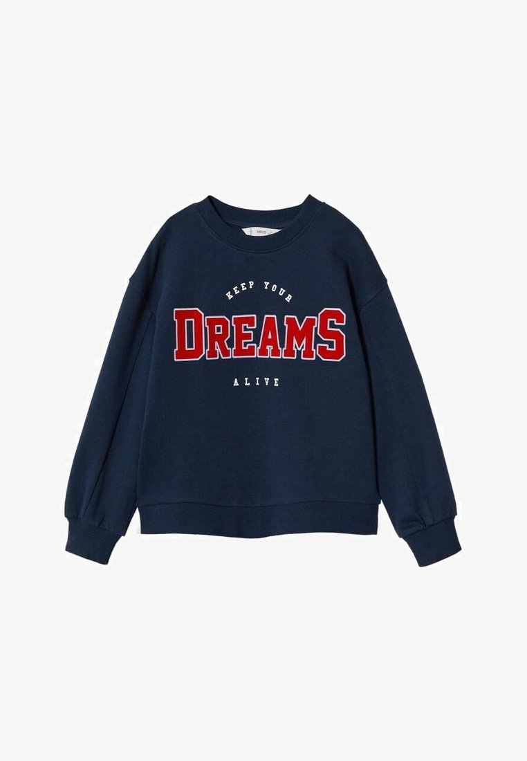 Sweat-shirt bleu marine à col rond avec texte rouge et blanc indiquant "Keep Your Dreams Alive" sur le devant, manches longues, poignets et ourlet côtelés.