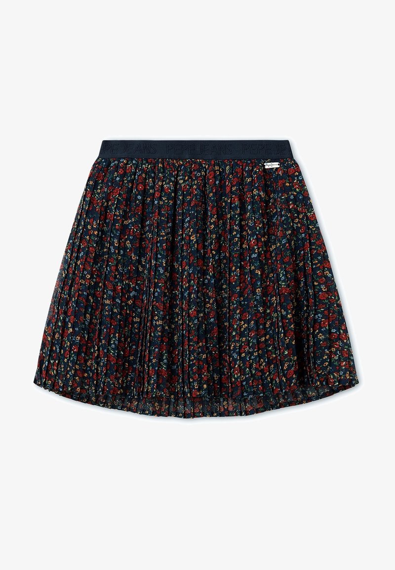 Jupe plissée bleu marine avec motif floral rouge et beige et une ceinture noire embossée de "PEPE JEANS" en lettres bleu foncé.