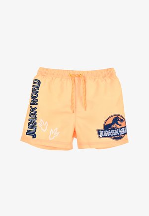 Costumi da bagno color pesca con elastico in vita, lacci, testo blu "Jurassic World", grafiche di impronte di dinosauri e dettagli con logo circolare.