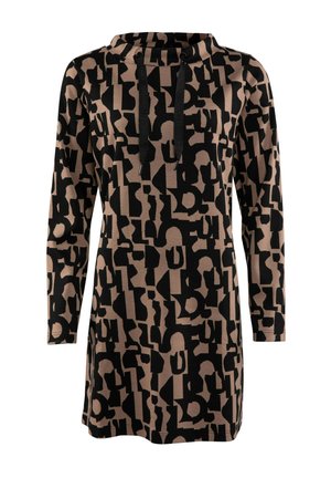 Beige und schwarze Langarm-Tunika mit einem abstrakten geometrischen Muster. Das Material ist weich und verfügt über eine Kapuze sowie Kordeln zur Anpassung.