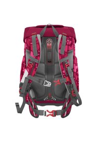 Rood bloemenpatroon rugzak met grijze banden en accenten. Beschikt over een verstelbare harnas, gevoerde rugsteun en meerdere bevestigingspunten.